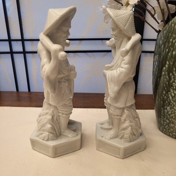 Set of 2 -70's Chinese White Porcelain Farmer with Hat Carrying Yoke Statue - Picture 2 of 6
